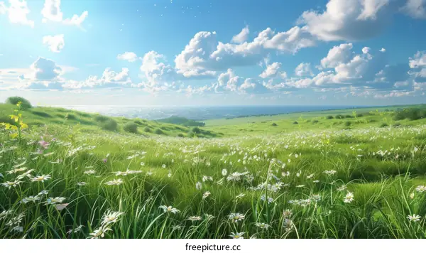 Mesmerizing Meadow with Undulating Green Hills and White Daisies