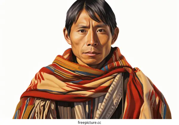 Portrait of a Native American man wearing a colorful blanket