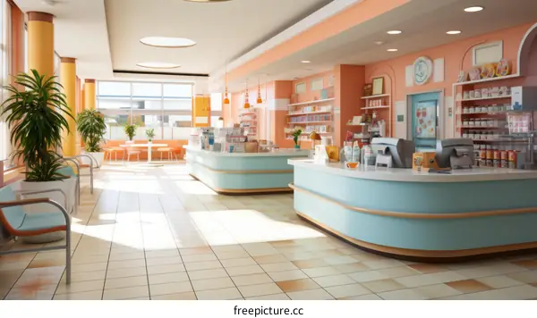 Drugstore interior with pink and blue walls and counters