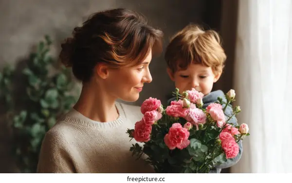 Mother and Child Sharing Beautiful Flowers