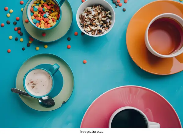 Colorful Cups of Coffee on a Blue Background