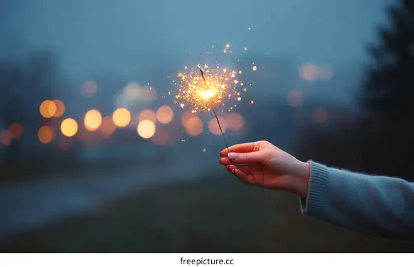 Sparkler in Hand at Dusk Cityscape