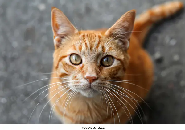 A ginger cat is looking up at the camera