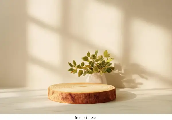 Natural Wooden Display Stand with Subtle Sunlight
