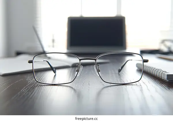 Silver metal glasses frame on wooden table with blurred background