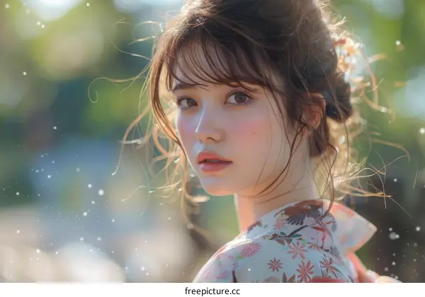 Beautiful Asian Woman in Kimono in Nature