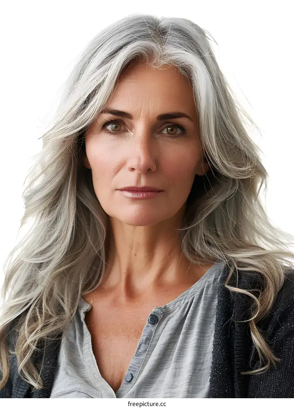 portrait of a beautiful middle aged woman with gray hair