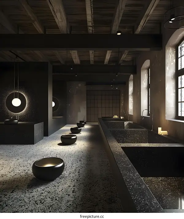 Modern Minimalist Bathroom Interior Design With Black Tiles and Exposed Beams