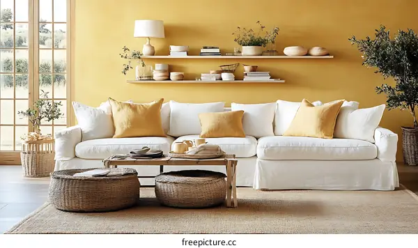 Modern Living Room Interior Design with Mustard Yellow Accents