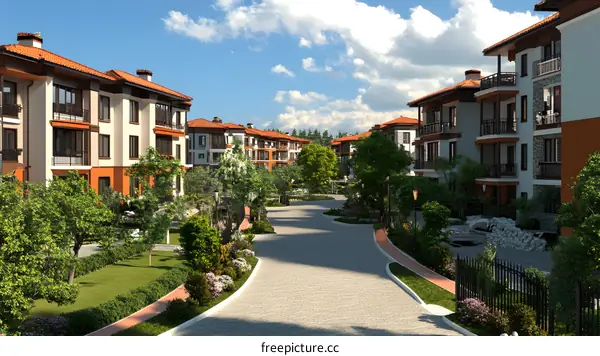 Luxury Townhouse Complex With Stone Facade And Greenery