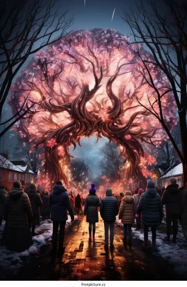 People walking through a gate in the shape of a tree