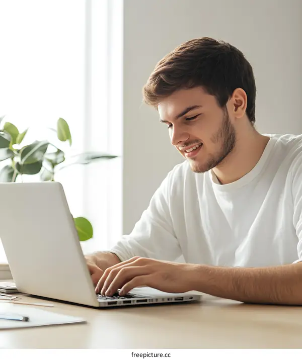 Smiling Man Working On Laptop in Home Office