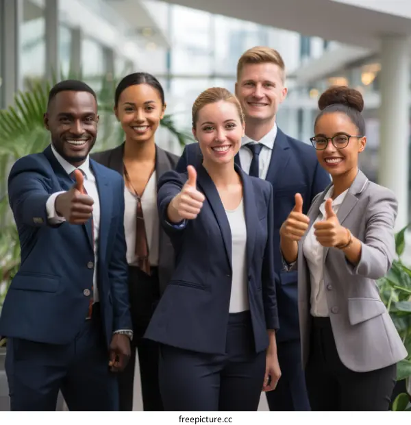 Group of diverse business professionals giving thumbs up in agreement