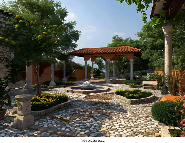 Mediterranean Style Courtyard Garden With Fountain