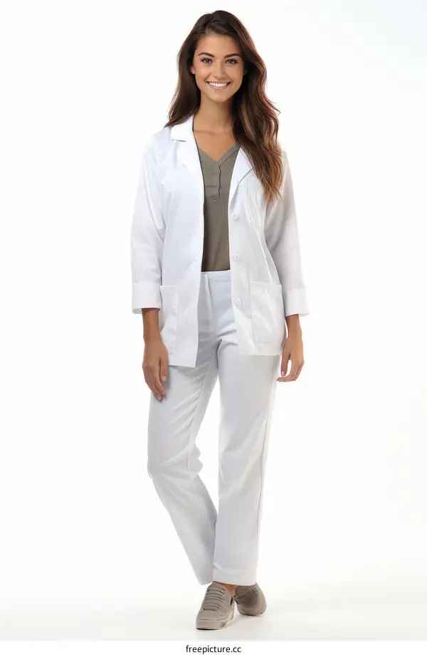 Caucasian female medical professional in a lab coat