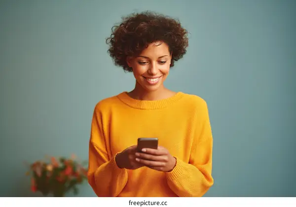 Smiling Woman Texting on Smartphone