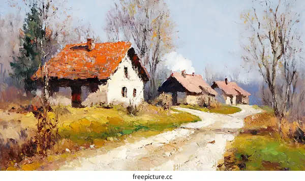 Autumnal Village Landscape Painting
