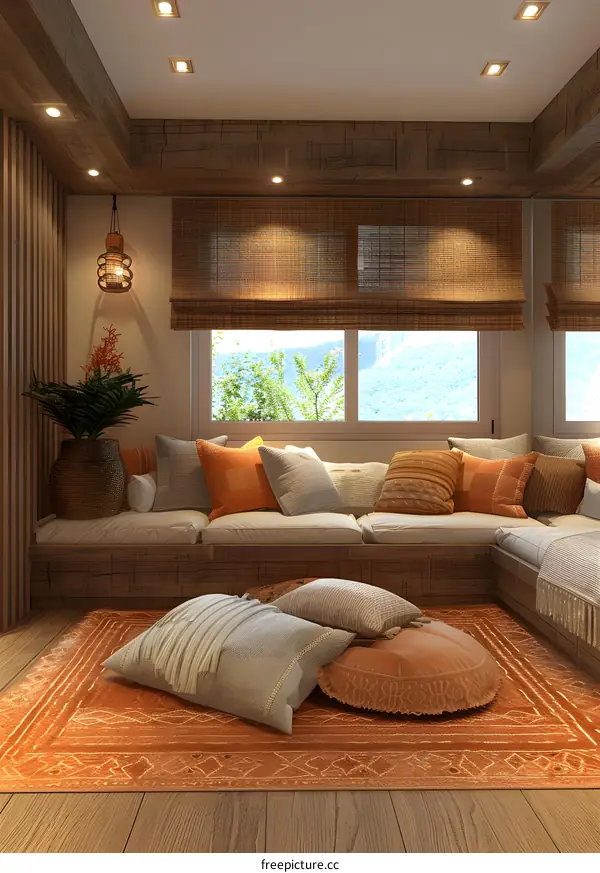 A cozy living room with a large sectional sofa and lots of pillows