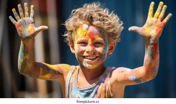 Portrait of a happy young boy covered in colorful paint