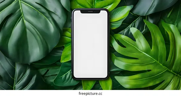 Black Smartphone On A Green Leaves Background