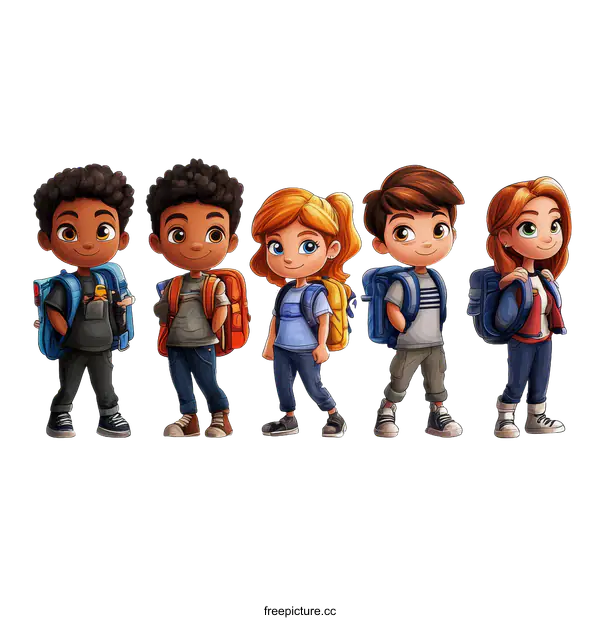 [Transparent Background PNG]Cute Cartoon Children with Backpacks in a Row