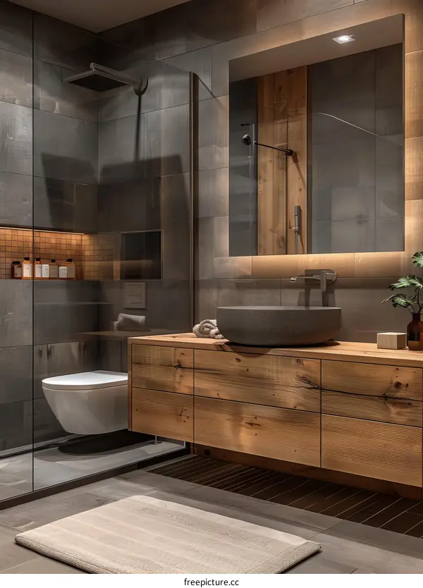 Bathroom interior with dark tiles and wooden vanity