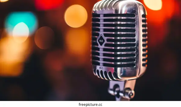Retro silver microphone on stage with blurred lights in the background