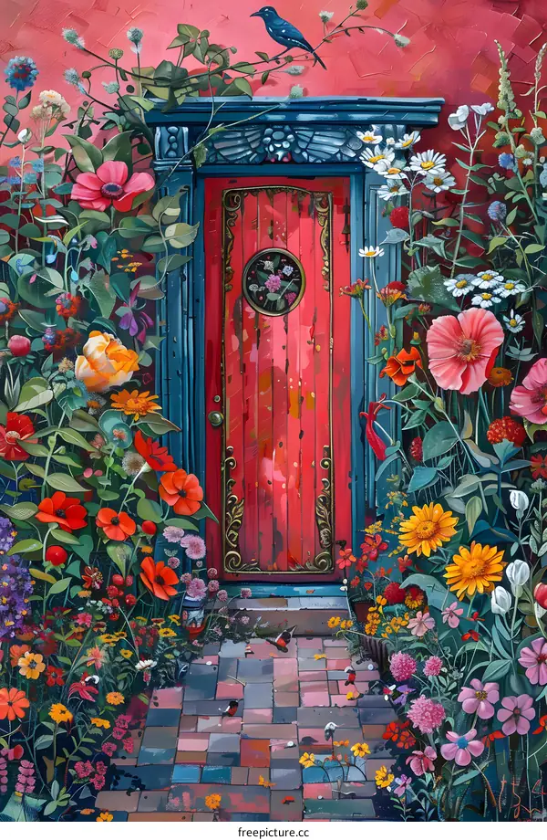 Red Door with Flowers and Birds Illustration