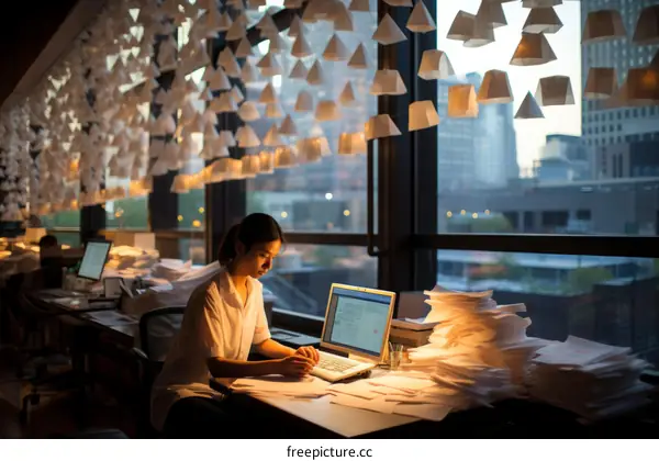 A woman working late in an office surrounded by paper