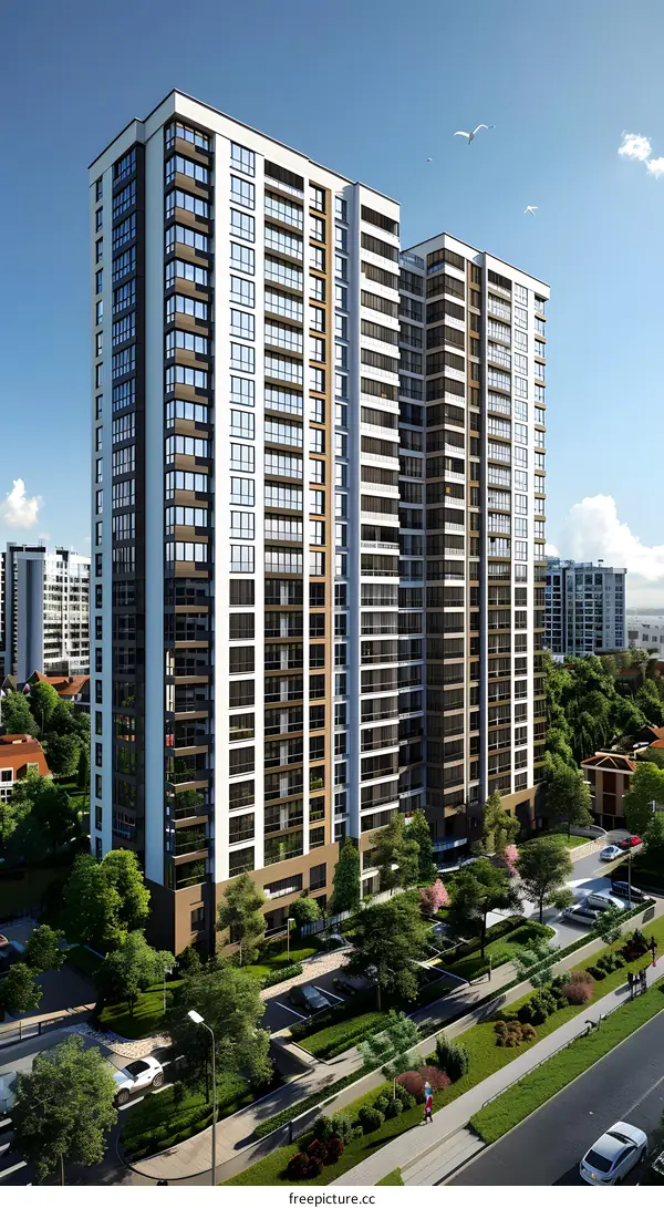 The exterior of a residential building with many windows