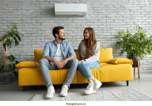 Couple Relaxing on a Yellow Sofa in a Modern Living Room