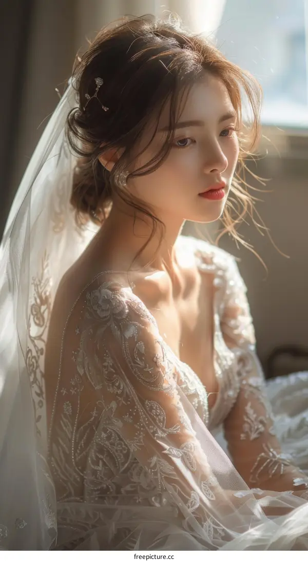 A beautiful Asian bride in a white wedding dress is sitting in a chair.