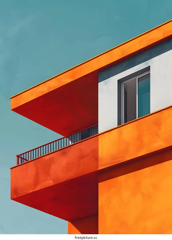 A minimalist illustration of a building with a balcony painted in bright orange against a blue background