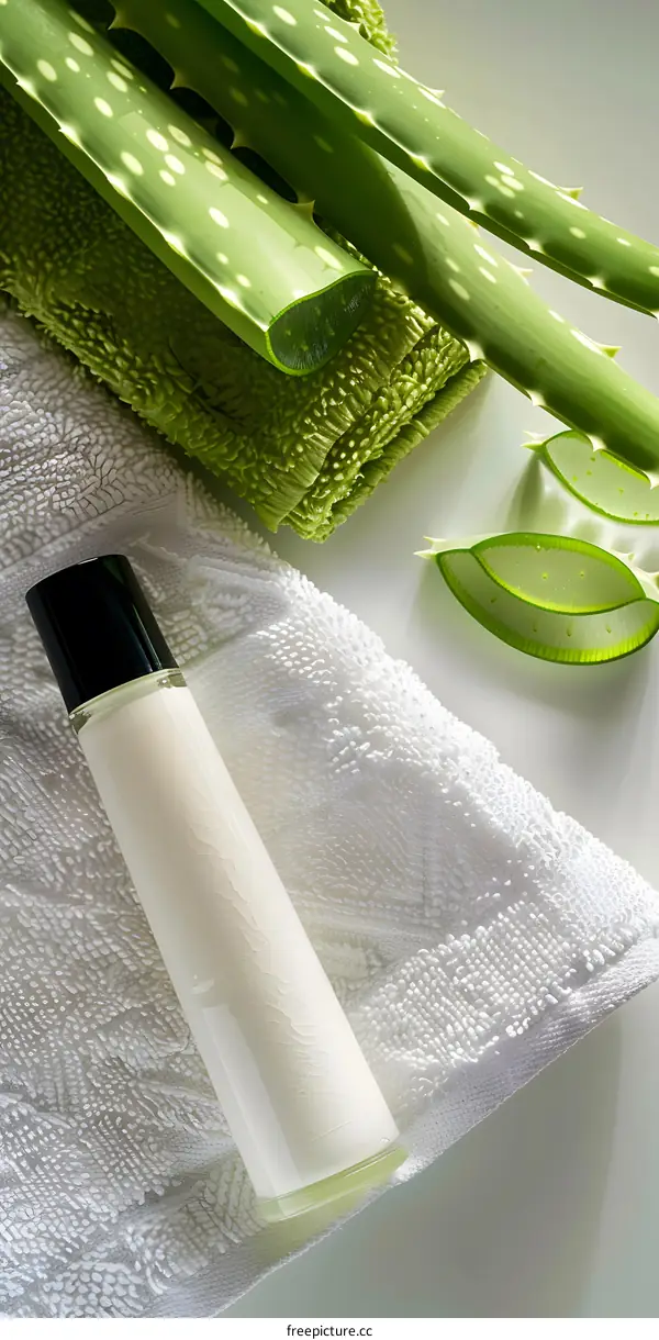 Aloe Vera Skincare Bottle With Towel and Leaves