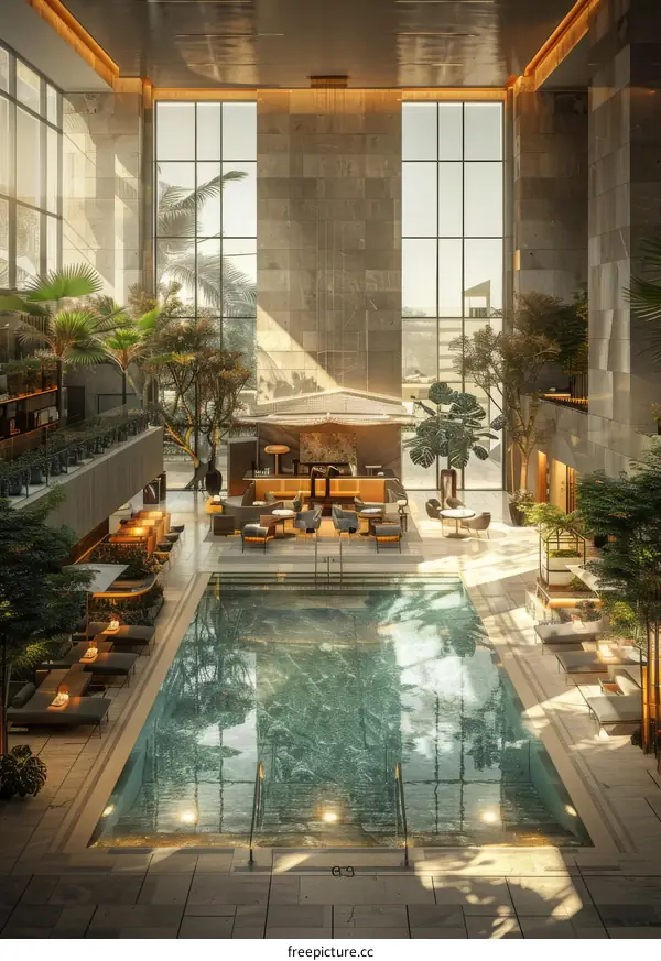 Modern hotel atrium with swimming pool and tropical plants