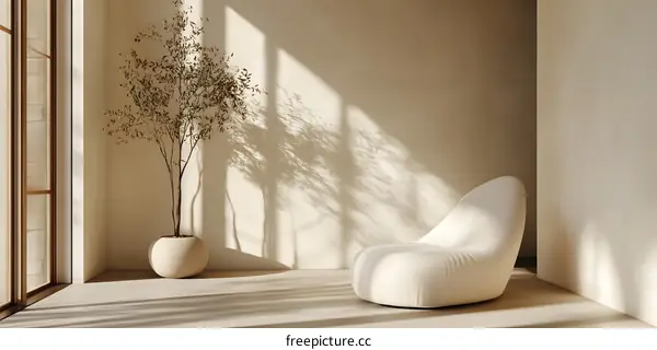 Minimalist Interior Design with White Chair and Dried Branches in a Pot