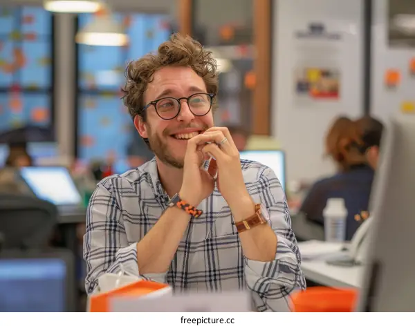 Portrait of a smiling young man with glasses and curly hair wearing a plaid shirt