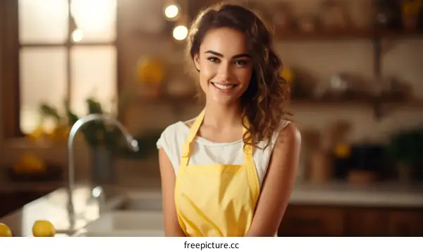 Portrait of a beautiful young woman in a yellow apron standing in a kitchen