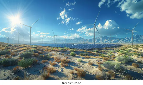 A large solar farm and wind farm in the desert