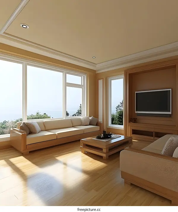 Modern Living Room Design with Wooden Furniture and Large Windows