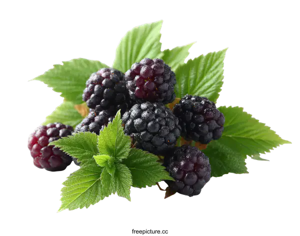 [Transparent Background PNG]Fresh Blackberries with Green Leaves Close-up