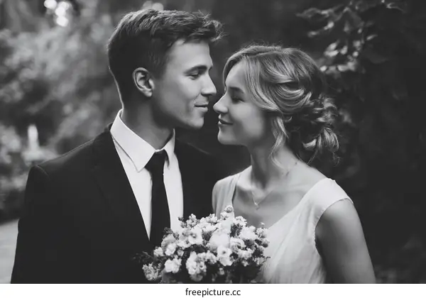 Happy newlyweds embracing in a serene outdoor setting