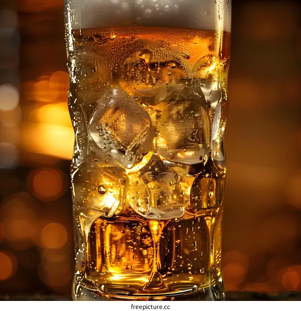 Cold Beer with Ice Cubes in a Glass