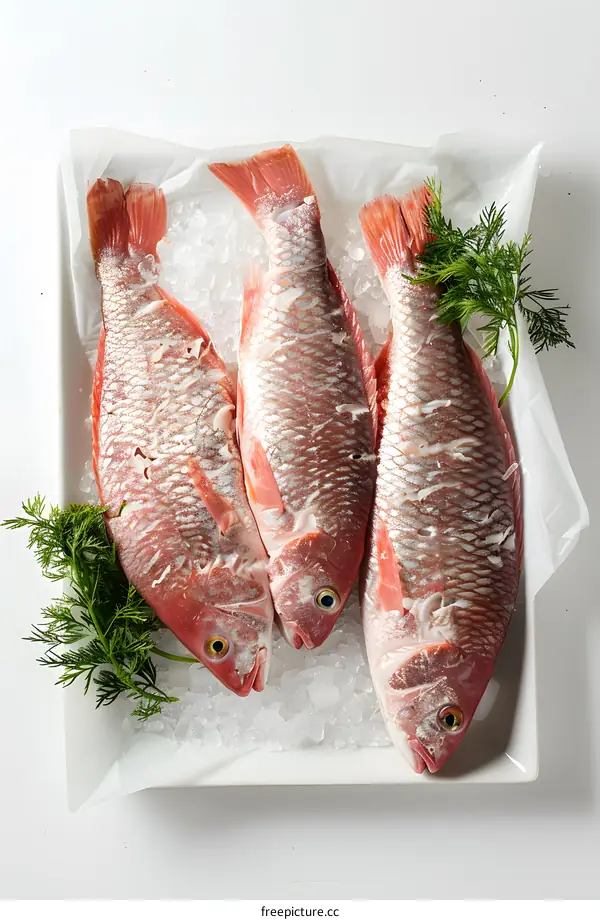 Three red snappers on ice