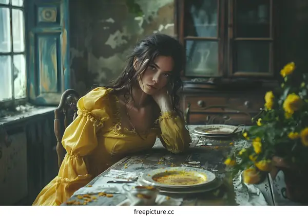 Portrait of a young woman in a yellow dress sitting at a table