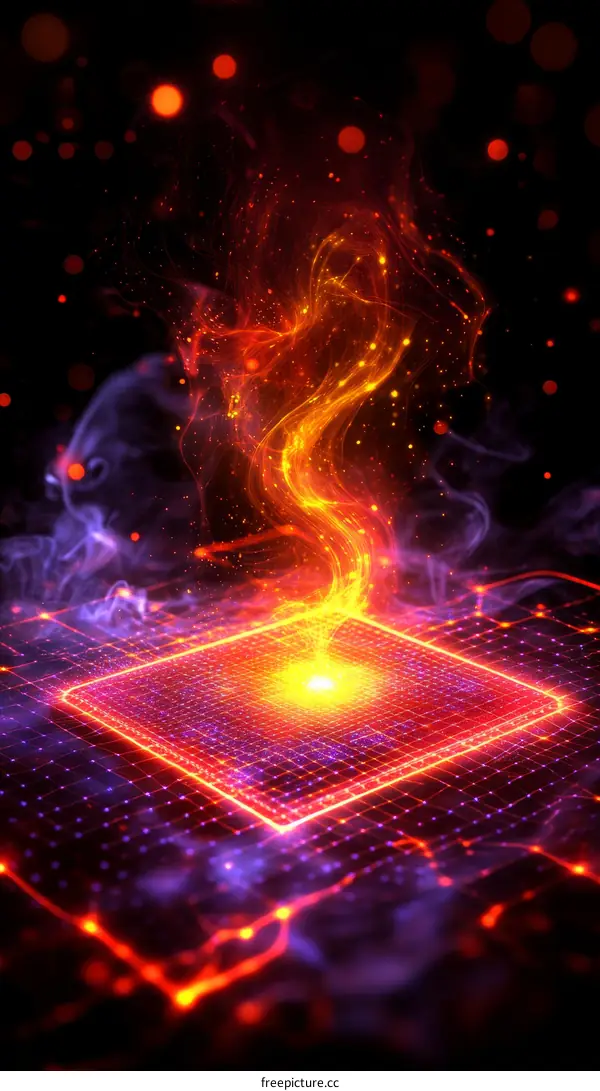 Abstract Digital Circuit Board with Fiery Energy