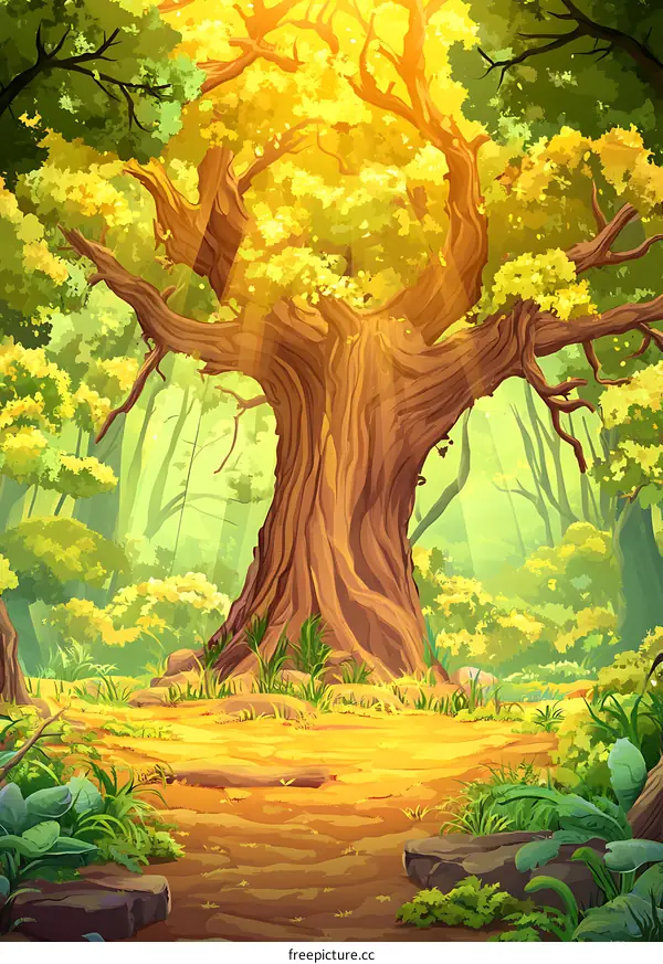 Sunlight Through The Forest With Giant Tree