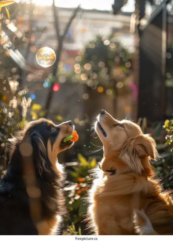 Two dogs staring at a bubble floating in the air