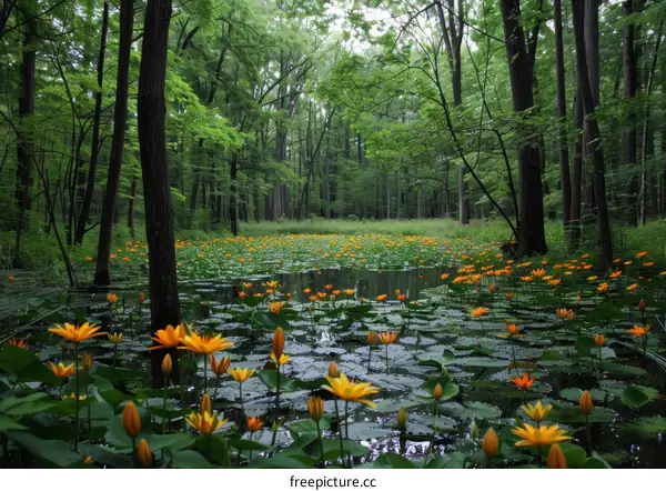 Mystical orange water lilies bloom in a green forest