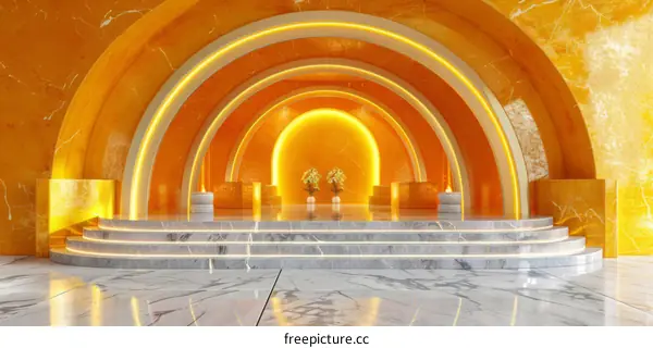 3D rendering of an empty marble podium with a glowing yellow background